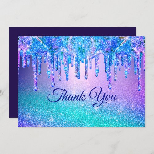 Chic blue purple ombre dripping glitter thank you card