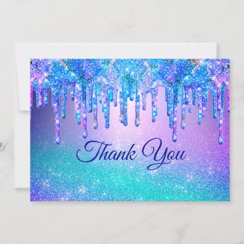 Chic blue purple ombre dripping glitter thank you card