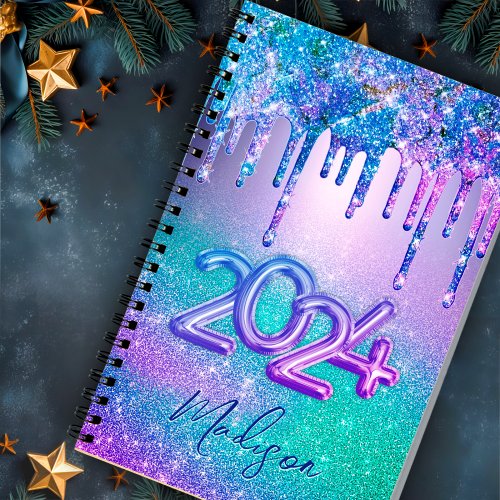 Chic blue purple ombre glitter drips 2024 notebook