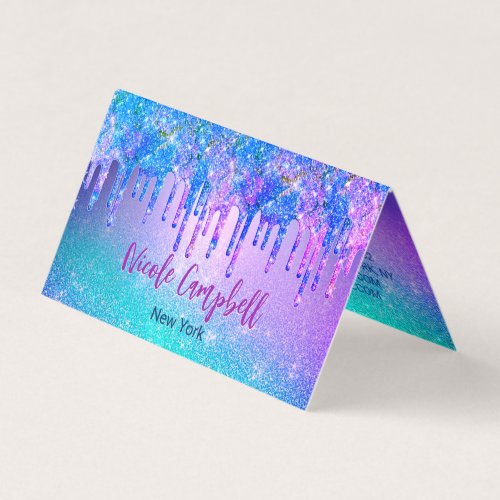 Chic blue purple ombre glitter drips business card