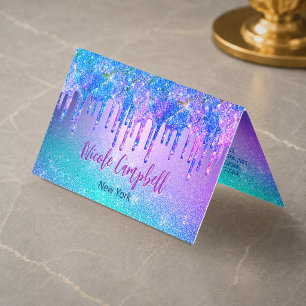 Chic blue purple ombre glitter drips business card