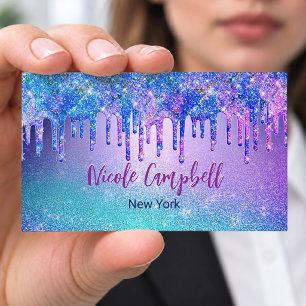 Chic blue purple ombre glitter drips business card
