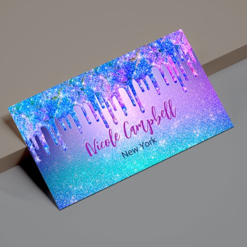 Chic blue purple ombre glitter drips business card magnet