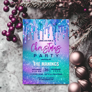 Chic blue purple ombre glitter drips Christmas Invitation