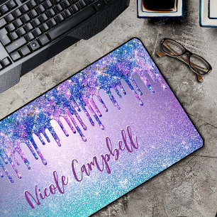 Chic blue purple ombre glitter drips desk mat