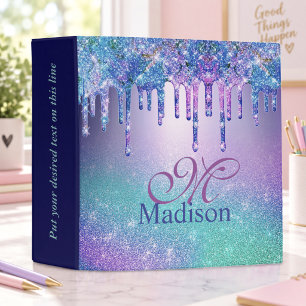 Chic blue purple ombre glitter drips monogram 3 ring binder
