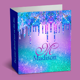 Chic blue purple ombre glitter drips monogram 3 ring binder