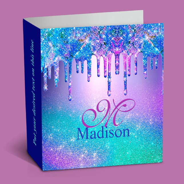 Chic blue purple ombre glitter drips monogram 3 ring binder (Creator Uploaded)