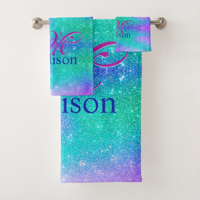 Chic blue purple ombre glitter drips monogram bath towel set (Insitu)
