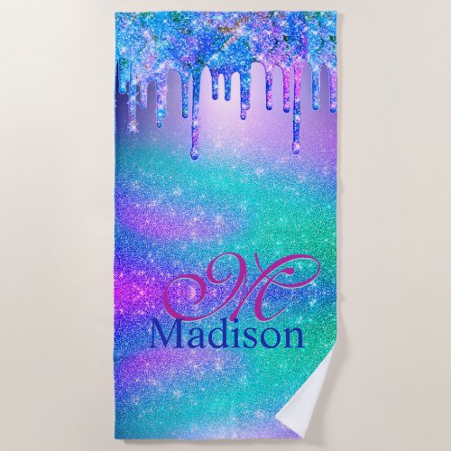 Chic blue purple ombre glitter drips monogram beach towel