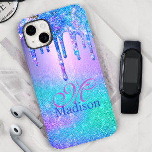 Chic blue purple ombre glitter drips monogram Case-Mate iPhone 14 case