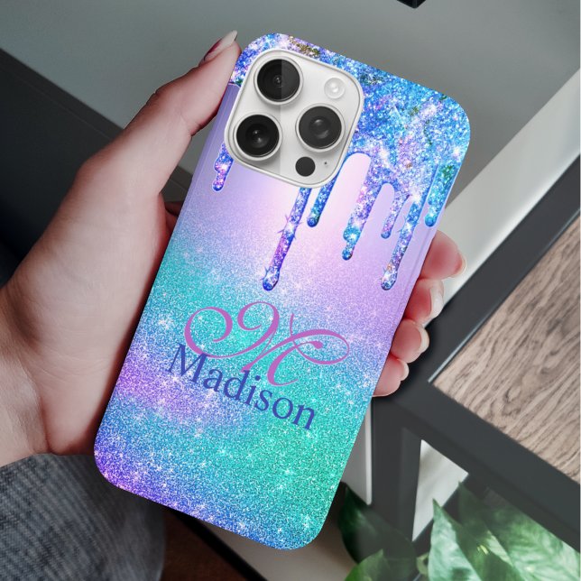 Chic blue purple ombre glitter drips monogram Case-Mate iPhone case (Creator Uploaded)