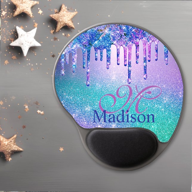 Chic blue purple ombre glitter drips monogram gel mouse pad (Creator Uploaded)