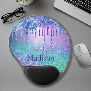 Chic blue purple ombre glitter drips monogram gel mouse pad
