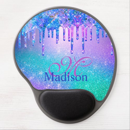 Chic blue purple ombre glitter drips monogram gel mouse pad