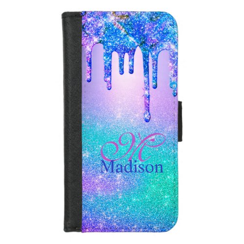 Chic blue purple ombre glitter drips monogram iPhone 87 wallet case