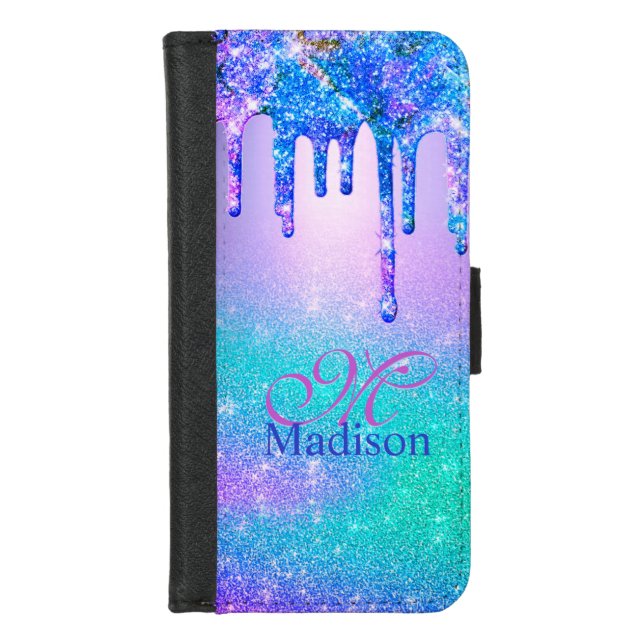 Chic blue purple ombre glitter drips monogram iPhone wallet case (Front)