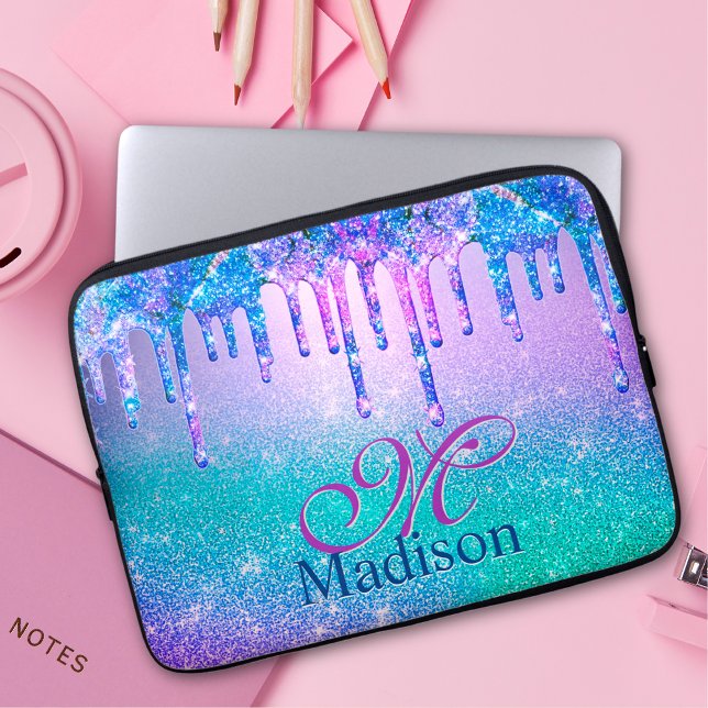 Chic blue purple ombre glitter drips monogram laptop sleeve (Creator Uploaded)