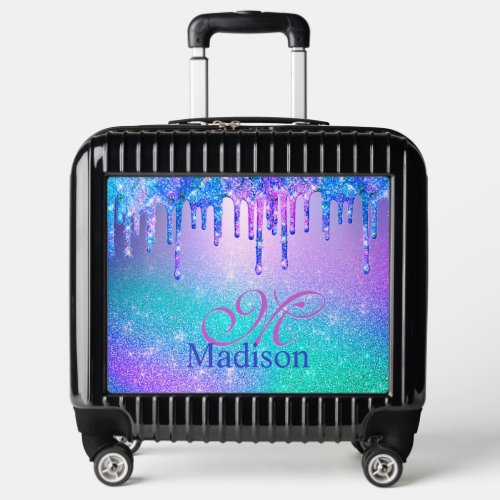 Chic blue purple ombre glitter drips monogram luggage