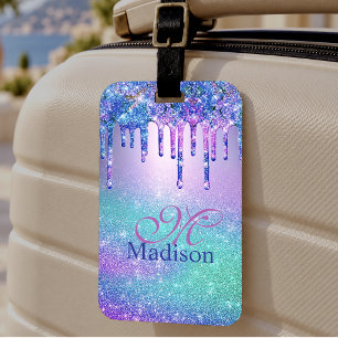 Chic blue purple ombre glitter drips monogram luggage tag