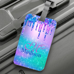 Chic blue purple ombre glitter drips monogram luggage tag