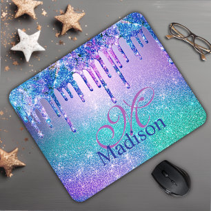 Chic blue purple ombre glitter drips monogram mouse pad