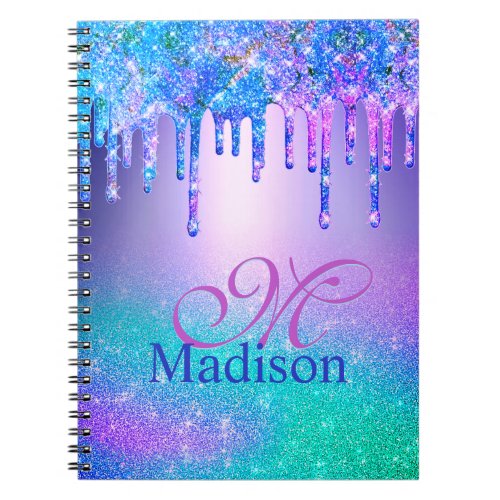 Chic blue purple ombre glitter drips monogram notebook