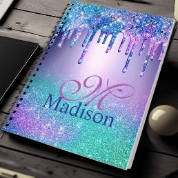 Chic blue purple ombre glitter drips monogram notebook