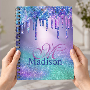 Chic blue purple ombre glitter drips monogram notebook