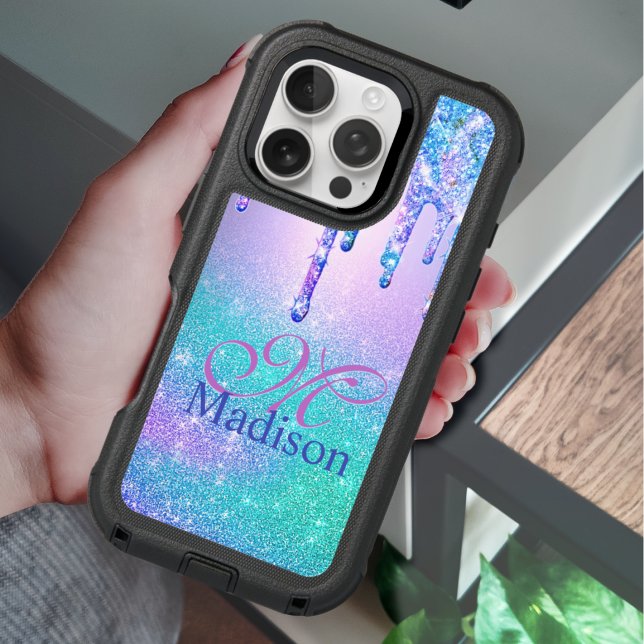 Chic blue purple ombre glitter drips monogram otterbox iPhone case (Creator Uploaded)