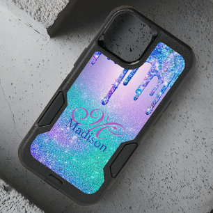 Chic blue purple ombre glitter drips monogram OtterBox iPhone 14 case