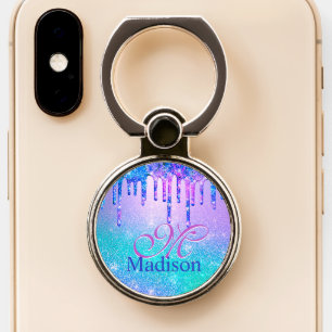 Chic blue purple ombre glitter drips monogram phone ring stand