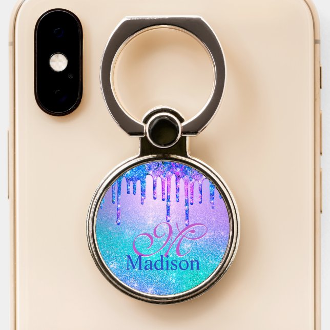 Chic blue purple ombre glitter drips monogram phone ring stand (Close Up)