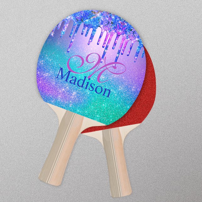 Chic blue purple ombre glitter drips monogram ping pong paddle (Creator Uploaded)