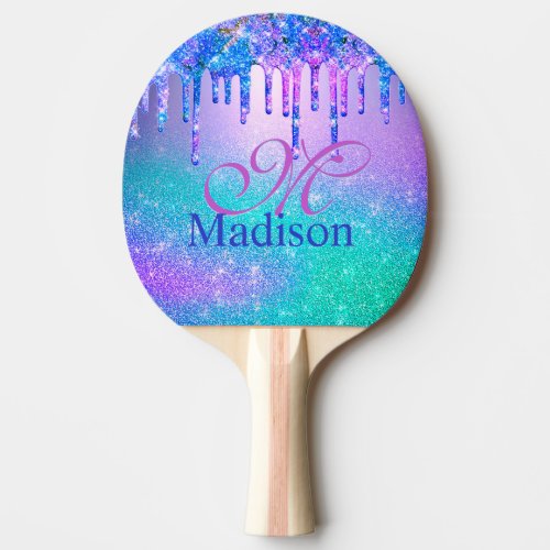 Chic blue purple ombre glitter drips monogram ping pong paddle