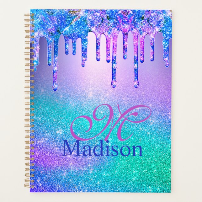 Chic blue purple ombre glitter drips monogram planner (Front)