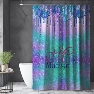 Chic blue purple ombre glitter drips monogram shower curtain