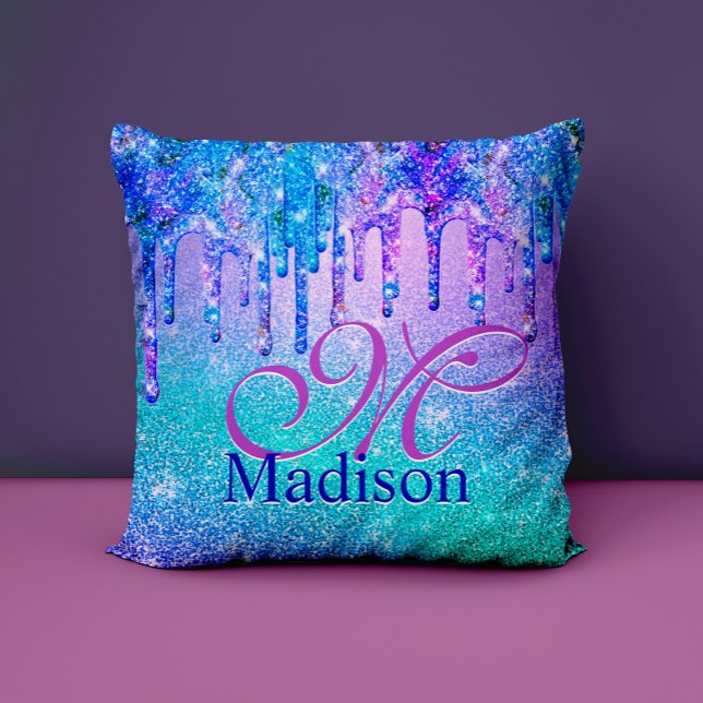 Chic blue purple ombre glitter drips monogram throw pillow (Creator Uploaded)