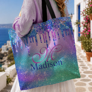 Chic blue purple ombre glitter drips monogram tote bag