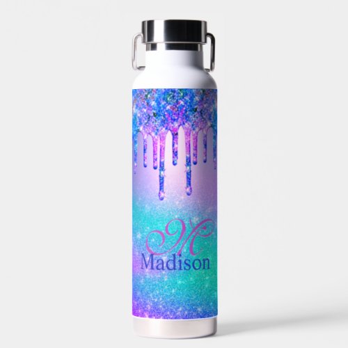 Chic blue purple ombre glitter drips monogram water bottle