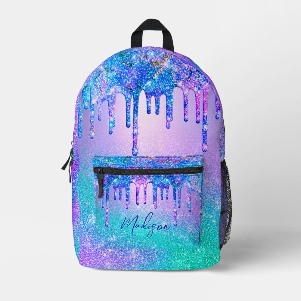 Chic Blue Purple Ombre Glitter Drips Custom Name Printed Backpack