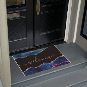 Chic Blue Purple Rose Gold Glitter Black Welcome Doormat