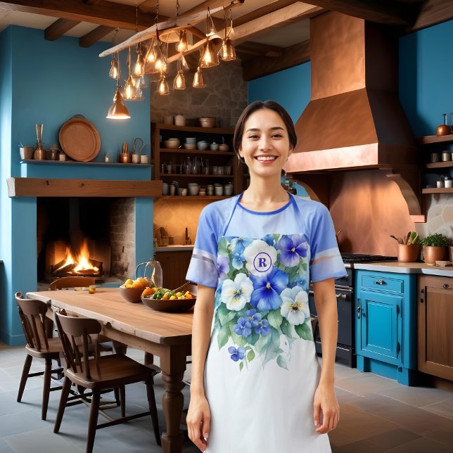 Chic Blue & Purple Shades Elegant Pansies Floral Apron (Chic Blue & Purple Shades Elegant Pansies Floral Aprons for Personalizing with Initial.)