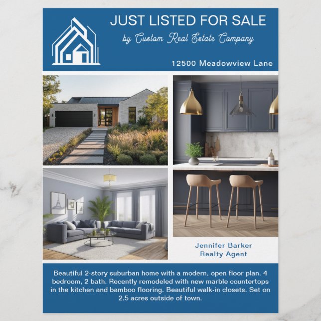 Chic Blue Real Estate Home Listing 2 Sided Flyer (Front)