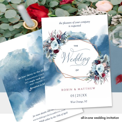 Chic Blue Red Burgundy Floral Watercolor Wedding Invitation