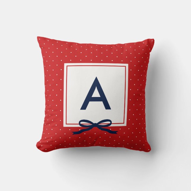 Chic Blue Ribbon Red Polka Dot Pattern Monogram Throw Pillow (Front)