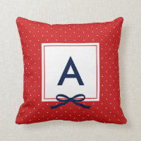 Chic Blue Ribbon Red Polka Dot Pattern Monogram Throw Pillow
