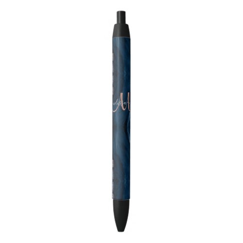 Chic Blue Rose Gold Agate Custom Script Monogram Black Ink Pen