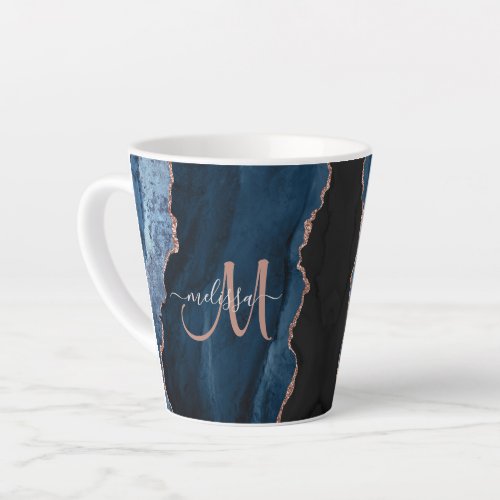 Chic Blue Rose Gold Agate Custom Script Monogram Latte Mug