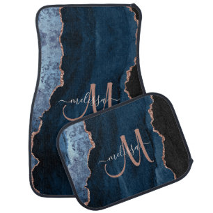 Chic Blue Rose Gold Agate Glitter Custom Monogram Car Floor Mat